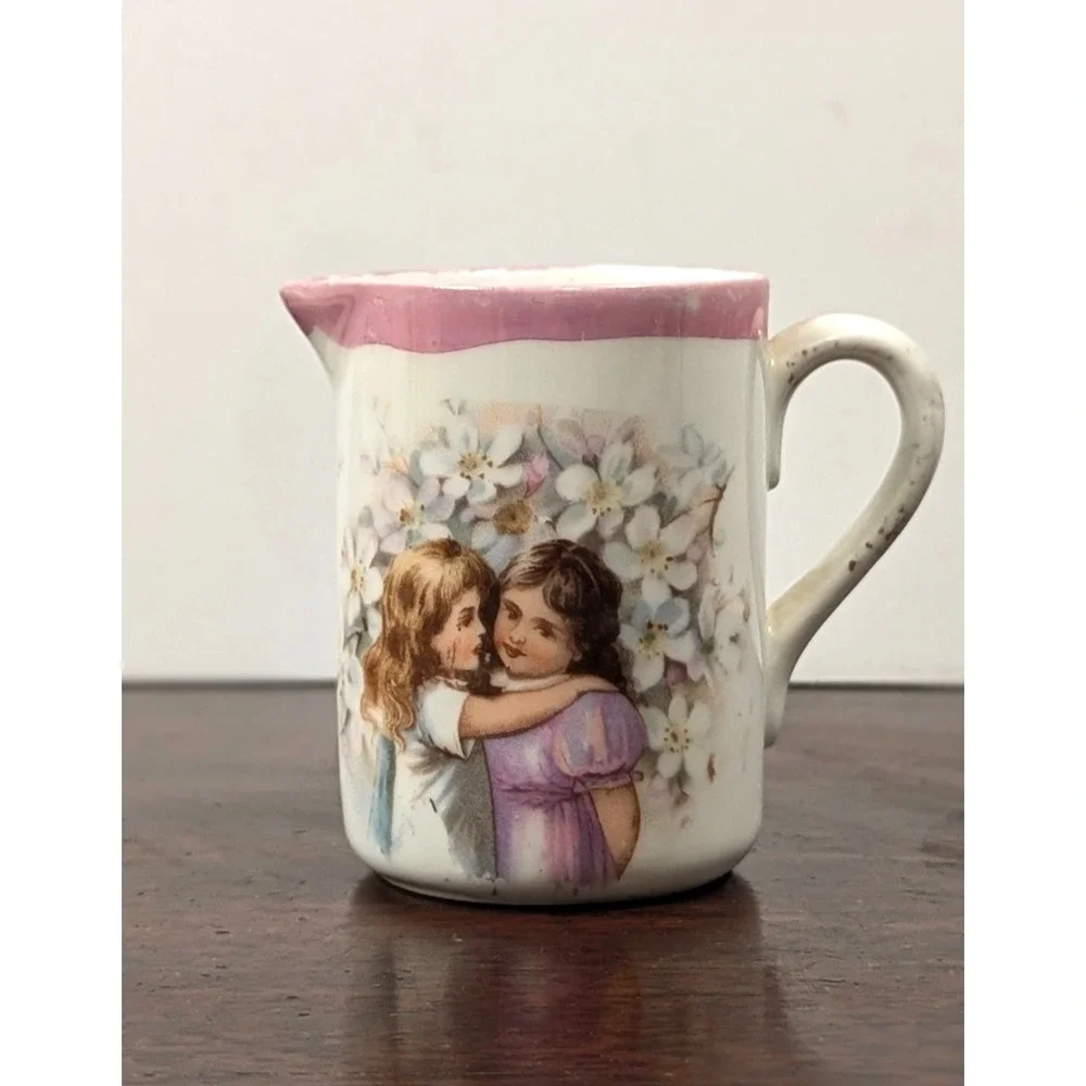 Vintage Mini Porcelain Creamer Pitcher Two Girls Floral Pink Rim 3.25